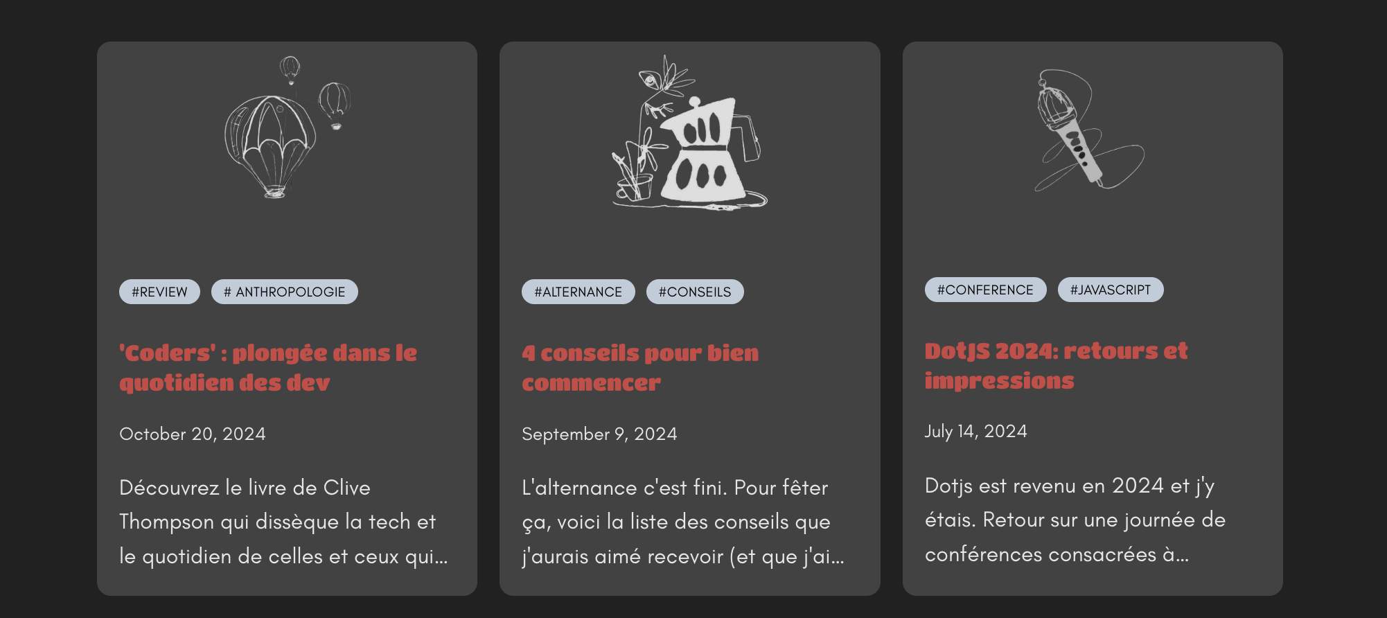 exemple des cartes des articles du blog en darkmode: les couches sont signifiées par des nuances de gris.