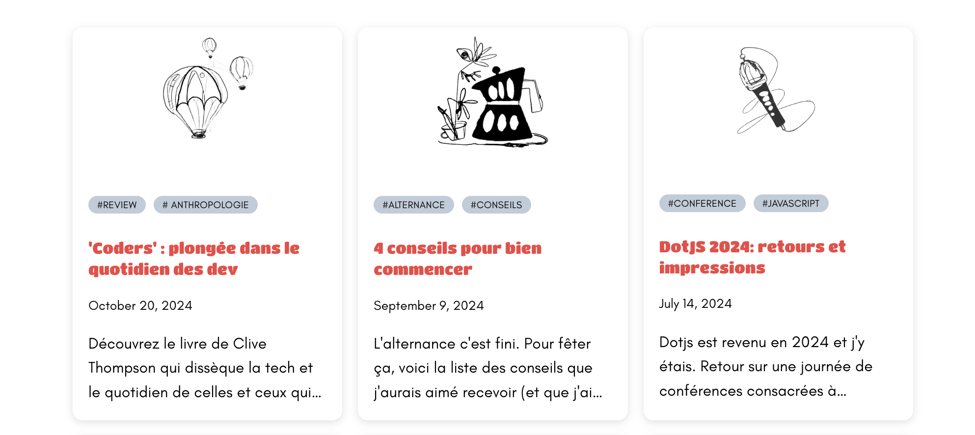 exemple des cartes des articles du blog en light mode: les couches sont signifiées par des ombres