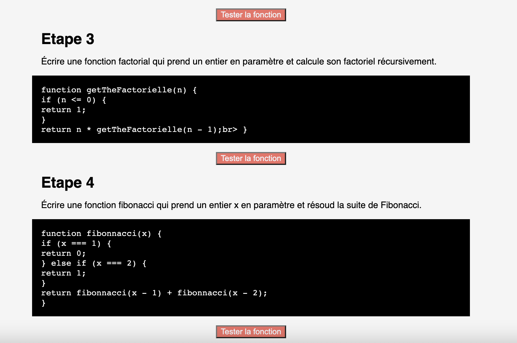 Capture ecran d'un exercice sur la récursivité